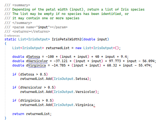 Code exemple de la fonction ddie  la largeur des ptales en ne s'appuyant que sur les quations des tendances